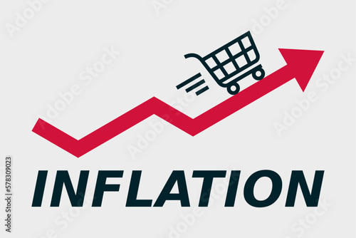 Inflation concept with an arrow and shopping cart. Rising expenses and prices. Economy crisis. Rising graph shows costs of living. Volatile market changes. CPI. Vector illustration, flat, clip art.