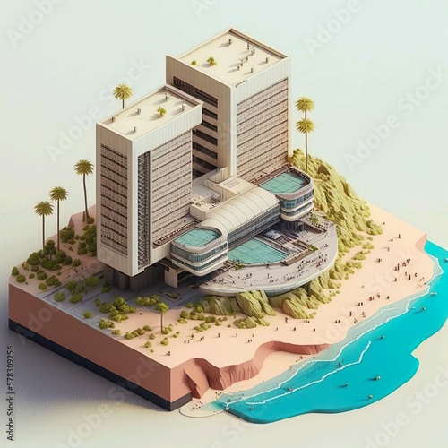 Clear Seas and Summer Sun at an Isometric Beach Hotel on the sea. ai generated.