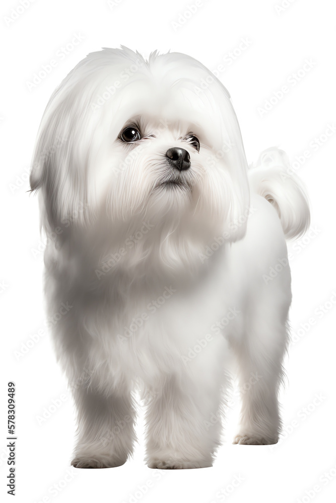 A portrait of a standing Maltese dog with white fur, looking directly into the camera in a front view, with the full body visible. Generative AI A portrait of a standing Maltese dog with white fur, looking directly into the camera in a front view, with the full body visible. Generative AI