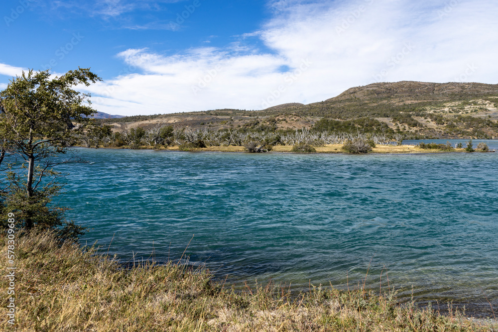 Serrano River with crystal clear blue water at Torres del Paine National Park in Chile, Patagonia, South America
