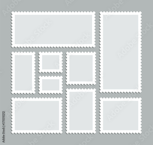 Postage stamps. Post frames set. Empty postal stickers. Rectangular perforated labels. Collection blank borders for mail letter. White paper postmarks isolated on gray background. Vector illustration.