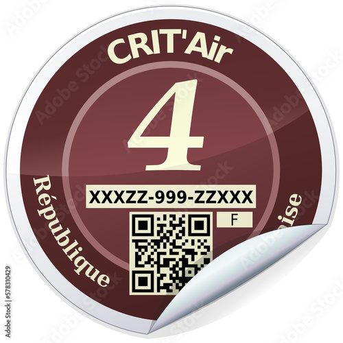 Rounded sticker of a category 4 brown crit'air label, classification of fine particle emissions from vehicles in France (isolated)