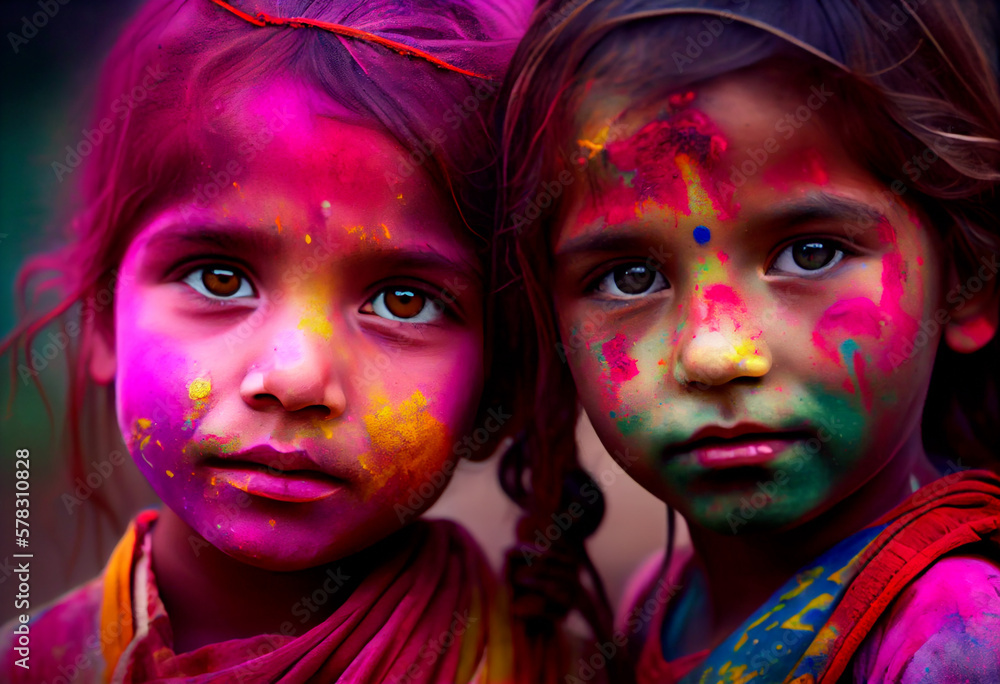 Beautiful cute indian kids covered in color pigment during Holi