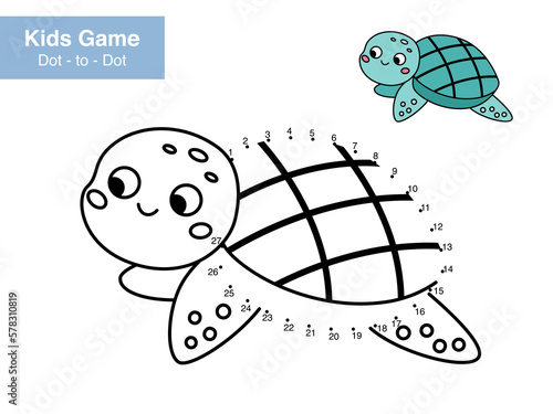 Number game. Dot to dot. Cute turtle. Cartoon sea animal. Educational puzzle. Printable activity page for kids. Connect the dots and color. Vector illustration.