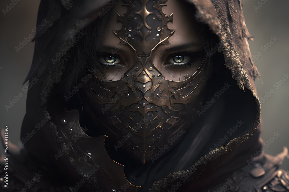 Fantasy woman warrior assassin portrait. Neural network AI generated