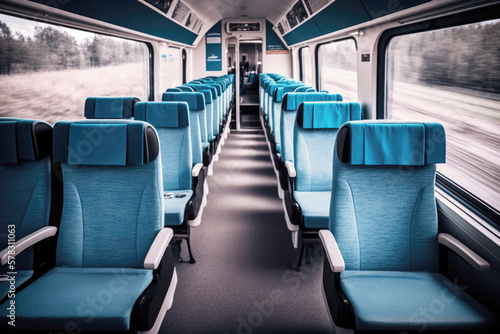 An untouchable row of seats, their armrests still gleaming in their pristine state. Interior of a train carriage transportation. AI generative