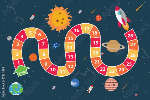 Vector flat style illustration of kids science and space board game.