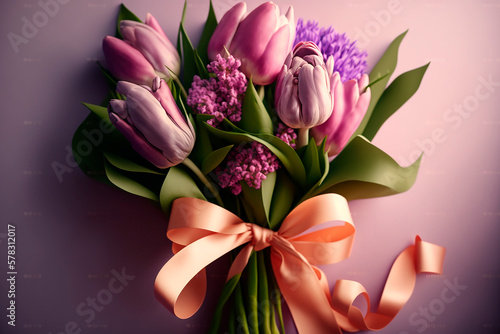Gift bouquet of delicate tulip flowers with ribbon on light insulated background  purple pink and yellow. color  Women s Day  Mother s Day  March 8. Generative AI