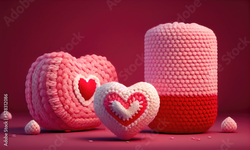 AI Generated image of a Crocheted amigurumi pink red and white hearts