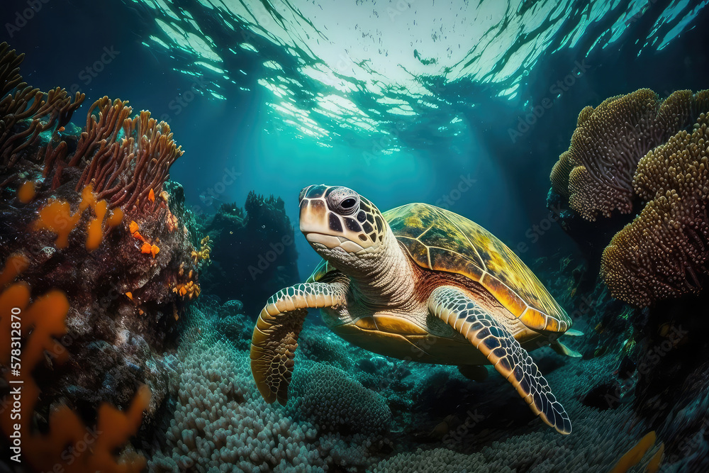 Obraz premium Image for 3d water floor. Underwater world. Turtle. corals. (ai generated)