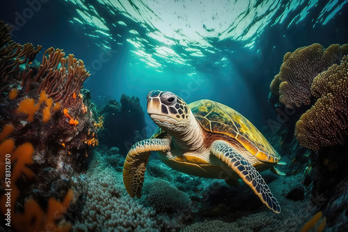 Image for 3d water floor. Underwater world. Turtle. corals. (ai generated)