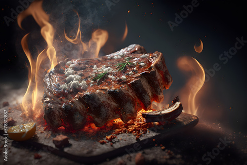 Grilled beef steak on a dark background with fire and smoke. Baked meat. Delicious dish. Artistic blur. Generative AI technology.