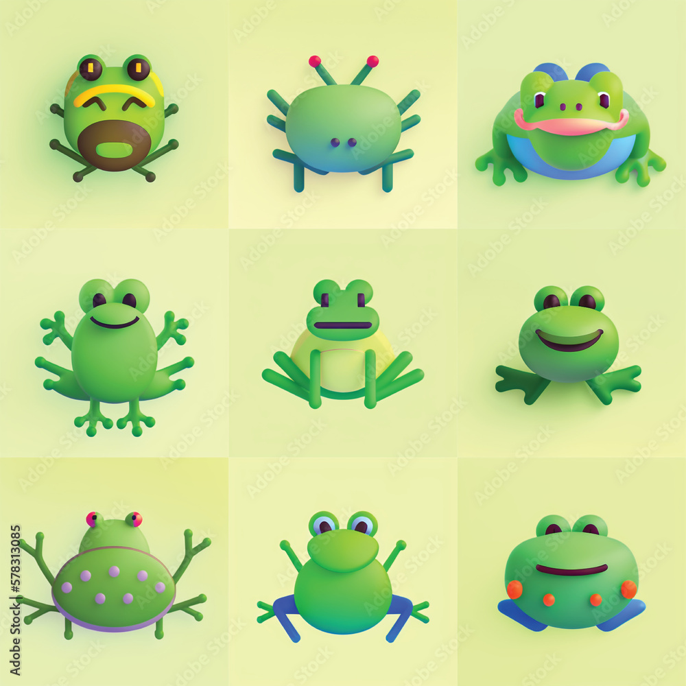 Little funny frog with different gesture. In cartoon style. Emoji