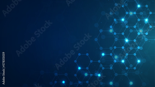 Hexagons pattern blue background. Genetic research, molecular structure. Chemical engineering. Concept of innovation technology. Used for design healthcare, science and medicine background