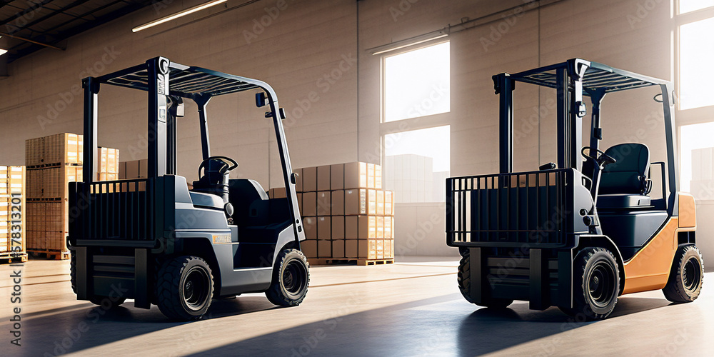 Two forklifts are parked in a warehouse with boxes on the floor and a large window in the background. Side view. Sunny morning light. Generative AI technology.