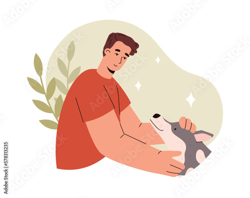 Animal therapy or pets love banner design with man and dog flat vector isolated.