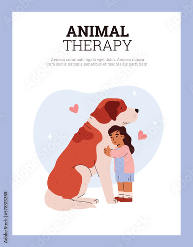 Banner on therapy and animal-assisted rehabilitation for children, flat vector.