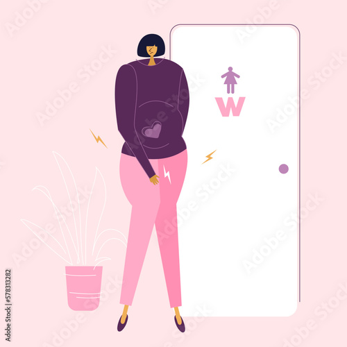 The pregnant woman often want to go the toilet. New mom  has discomfort  and need urinate. Pregnancy has the symptoms.