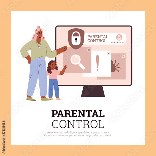 Parental control of child access to the Internet and content, flat vector.
