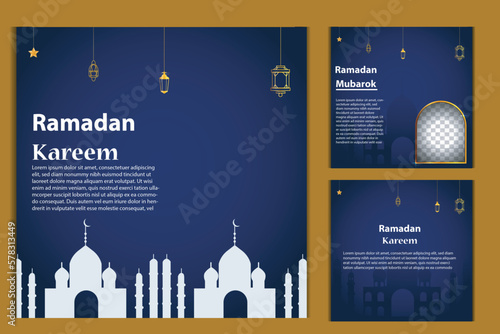 Set of Square social media post template in green, white, and blue and gold with lantern design. Iftar mean is ramadan. social media template with islamic background design