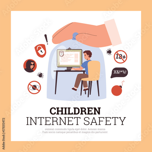 Children Internet safety and parental control of content, vector illustration. photo