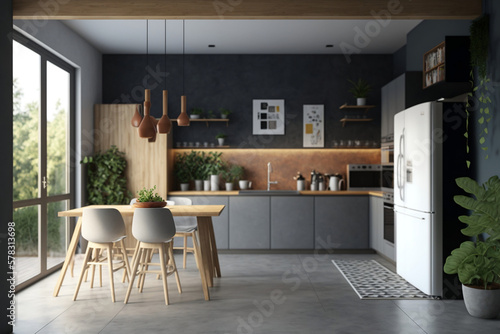 Modern kitchen interior with gray walls, concrete floors and gray wood worktops. A long table with chairs beside it. Interior of a modern stylish kitchen with indoor plants. Generative AI
