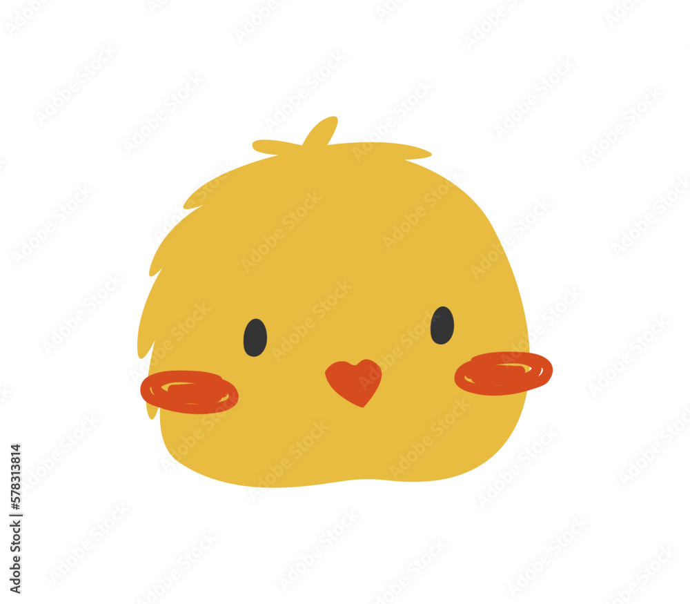 Hand drawn cute cartoon illustration of small chick face. Flat vector spring Easter design sticker in colored doodle style. Сhicken, bird nestling icon or print. Isolated on background. Hand drawn cute cartoon illustration of small chick face. Flat vector spring Easter design sticker in colored doodle style. Сhicken, bird nestling icon or print. Isolated on background.