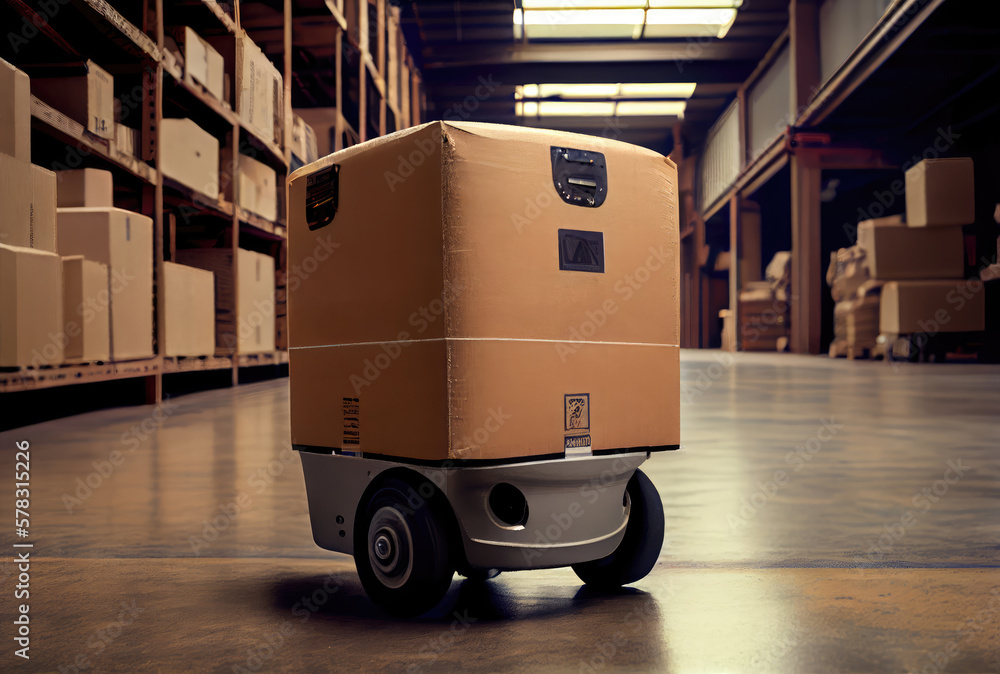 Robot AGV transporting cardboard box in warehouse background. Technology innovation and delivery concept. Generative AI Robot AGV transporting cardboard box in warehouse background. Technology innovation and delivery concept. Generative AI
