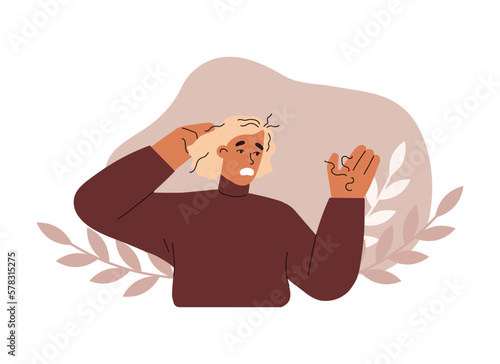 Woman worried about severe hair loss, flat cartoon vector illustration isolated.