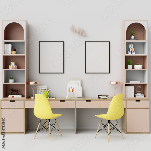 Blank picture frame mockup on a wall with table for kid room and bookshelves white background © Kuan