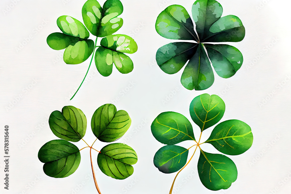 Set of watercolor four-leaf clovers. Happy St. Patrick's Day. Generative Ai
