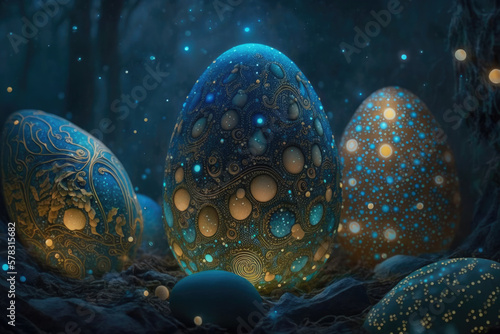 fantasy amazing Easter ornated painted egg in glass egg on blue background. Happy Easter magical,generative ai.