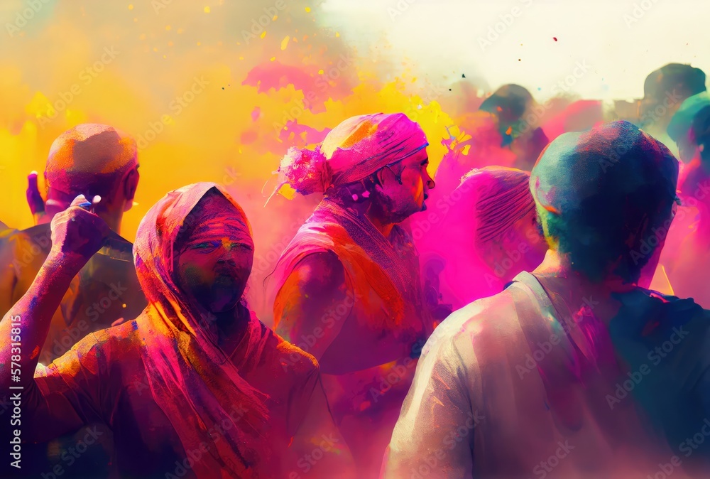 Hindu people with colorful starch powder in Holi festival or festival of colors. Generative AI Hindu people with colorful starch powder in Holi festival or festival of colors. Generative AI