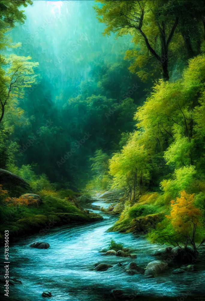 idyllische romantische Waldlandschaft mit grünen Bäumen und wildem Bach - Generative AI Illustration idyllische romantische Waldlandschaft mit grünen Bäumen und wildem Bach - Generative AI Illustration