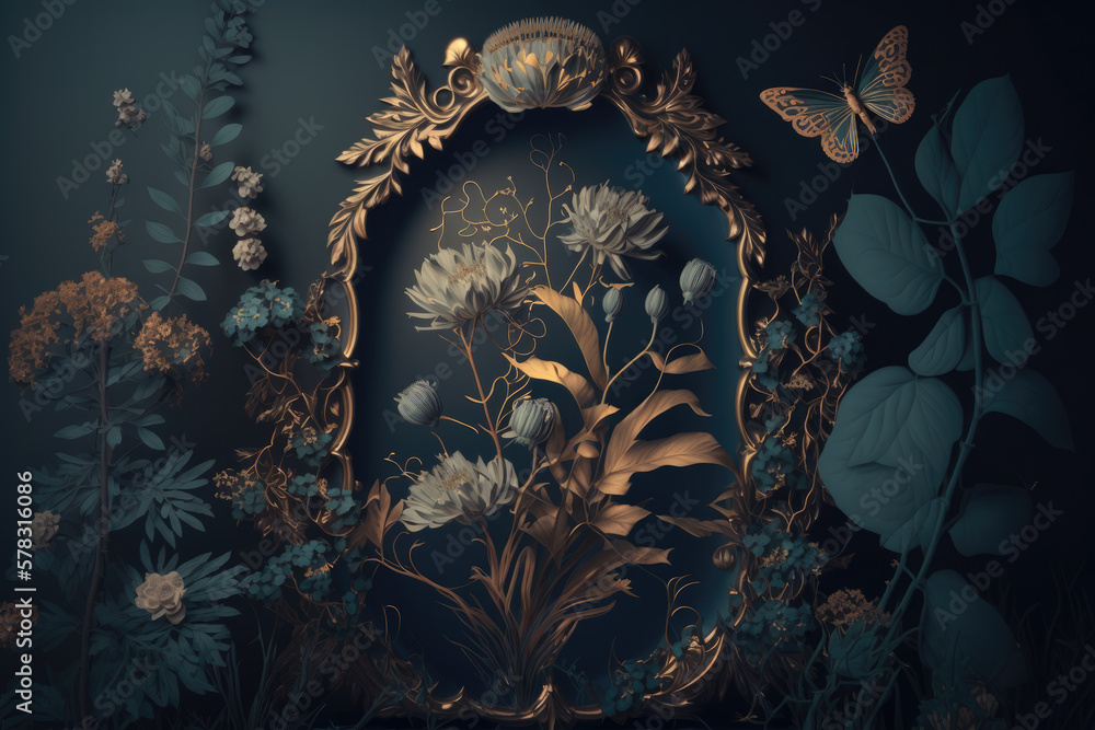 wallpaper decorated rococo blooms flowers orante gold frame dreamy