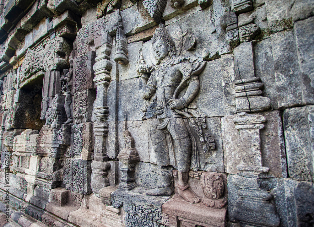 Relief on Plaosan Temple, Candi Plaosan, is one of the Buddhist temples located in Klaten Regency, Central Java, Indonesia. Plaosan temple was built in the mid 9th century.