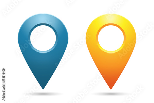 Realistic geolocation icons in blue and yellow on a white background. A set of geolocation map pin code icons. Vector EPS 10.