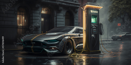 Electric car near charging station. Generative Ai © Dm