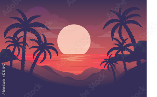 Landscape background design with lush moon and palm trees on the beach in summer with sunset