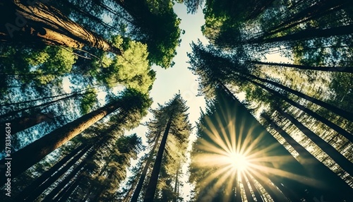 Forest in Early Spring  from below  fresh green leaves