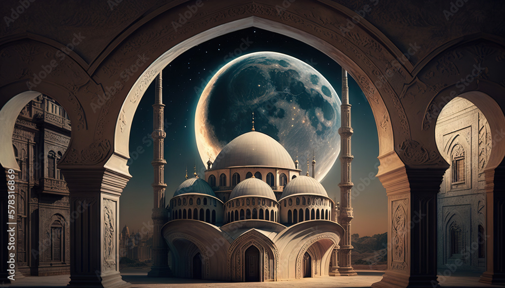 Fototapeta premium Ramadan's celebration background with Mosque and crescent moon at night, generative ai