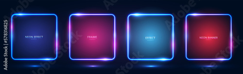 A set of four square neon frames with shining effects, highlights and inscriptions on a dark background. Futuristic modern neon glowing banners. Vector illustration.