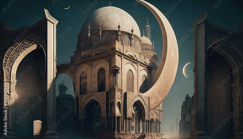 Fototapeta premium Ramadan's celebration background with Mosque and crescent moon at night, generative ai