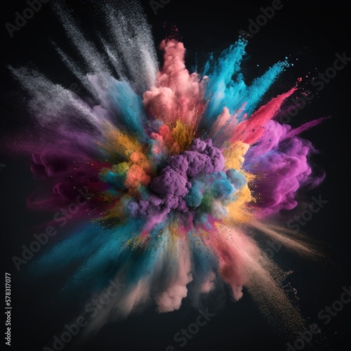 colorful dust explode with dark background, generative ai