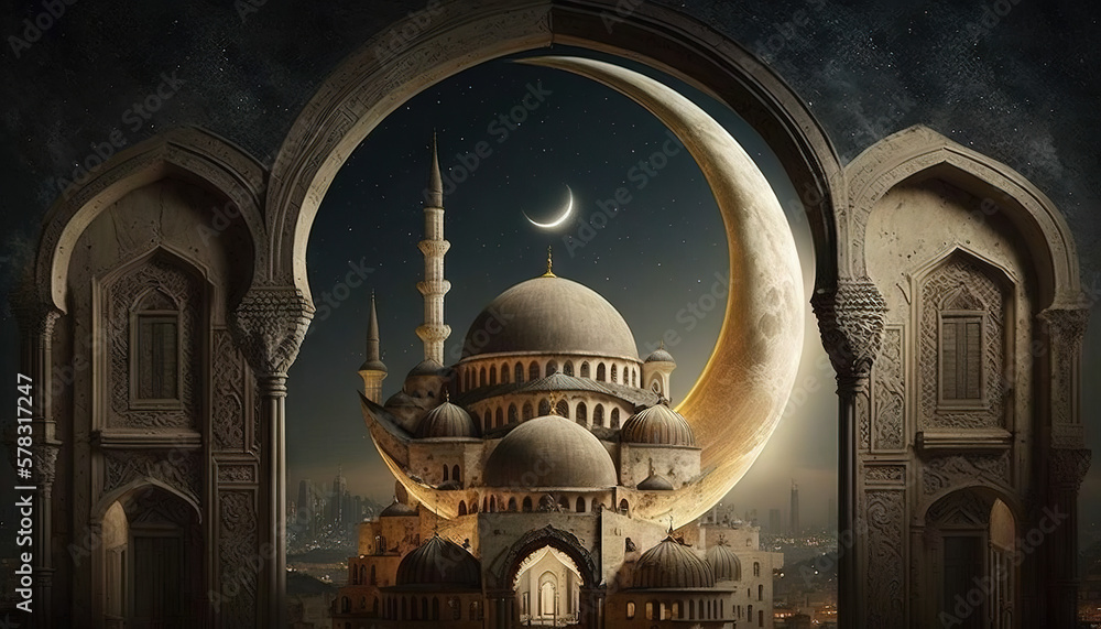 Fototapeta premium Ramadan's celebration background with Mosque and crescent moon at night, generative ai