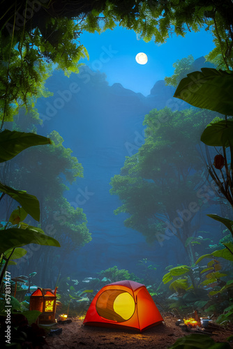 Serenity in the Wild. Night Camping Scene with Tent  Moonlight  nobody and Tropical Forest. Landscape Illustration background. Generative AI.
