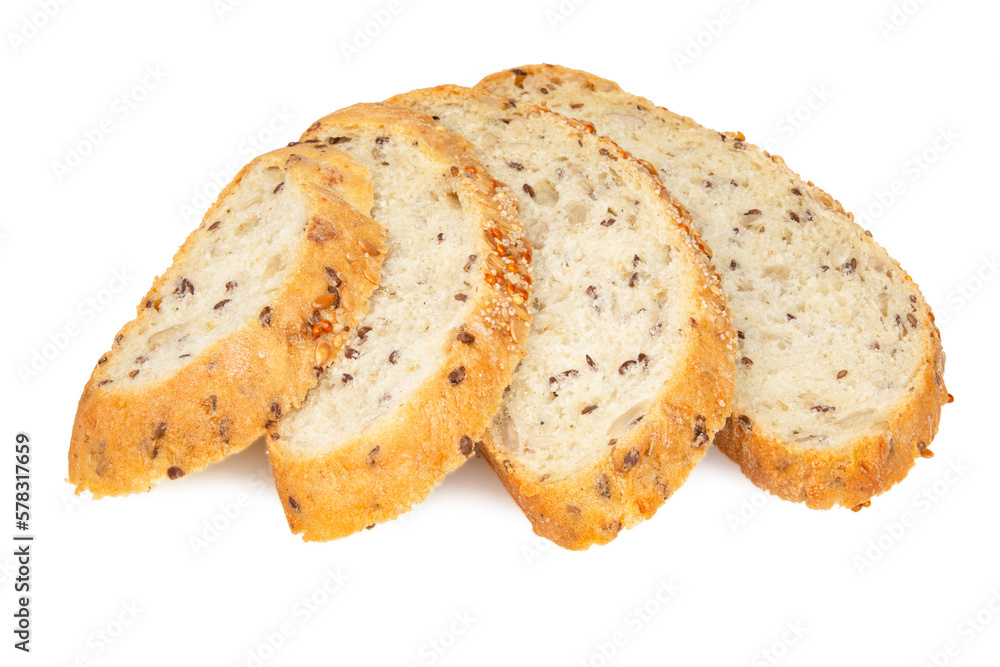 Loaf of bread isolated on white. Whole wheat bread baked, bio ingredients, healthy with seeds.