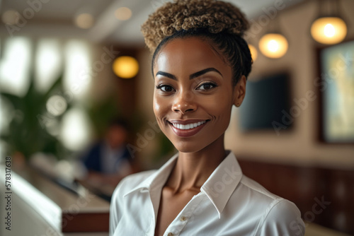 Beautiful black female receptionist at the counter of a tropical hotel, restaurant or spa. Journey to the ancient world in virtual reality. Photorealistic drawing generated by AI.