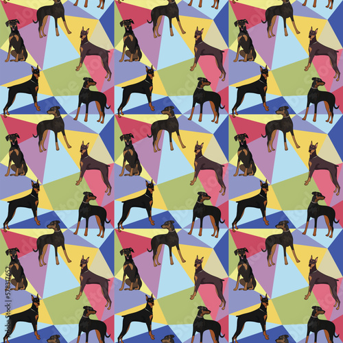 Doberman dog on a mosaic geometric background. Funky, colorful vibe, rainbow colors palette. Simple, clean, modern texture. Geometric, polygon style. Summer seamless pattern with dogs.Triangles.