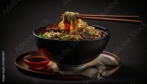 ward winning, Bowl of tasty Chinese noodles with soy sauce on red and black background